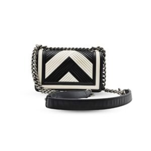 Chanel Calfskin Pleated Medium Boy in Rome Flap Black White
