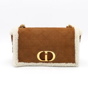 Christian Dior Caro Large Camel Colored Quilted Suede White Shearling Trim Gold Hardware