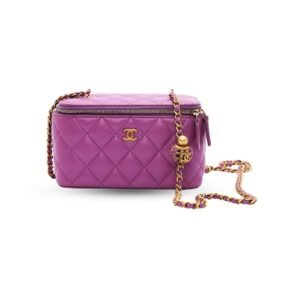 Chanel Classic Vanity Bag Purple Quilted Lambskin  Brushed Gold Classic Flap Strap