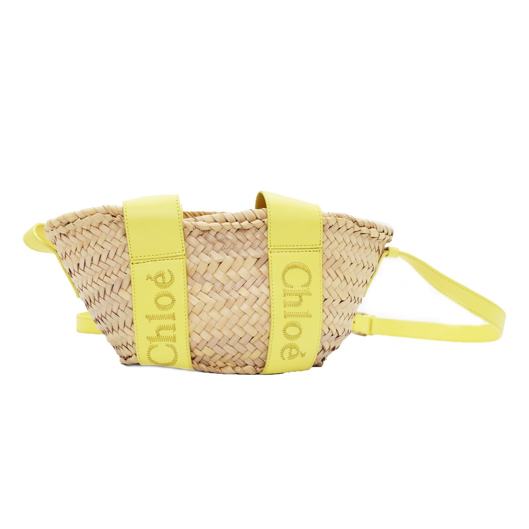 Chloe Sense Small Bright Daffodil Yellow Leather Trimmed Raffia