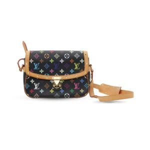 Louis Vuitton Sologne Black Multicolor Monogram Canvas Tan Vachetta Leather Trim Gold Studs Hardware