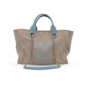 Chanel Deauville Tote Beige Mixed Fibers Calfskin Light Blue Gold Hardware